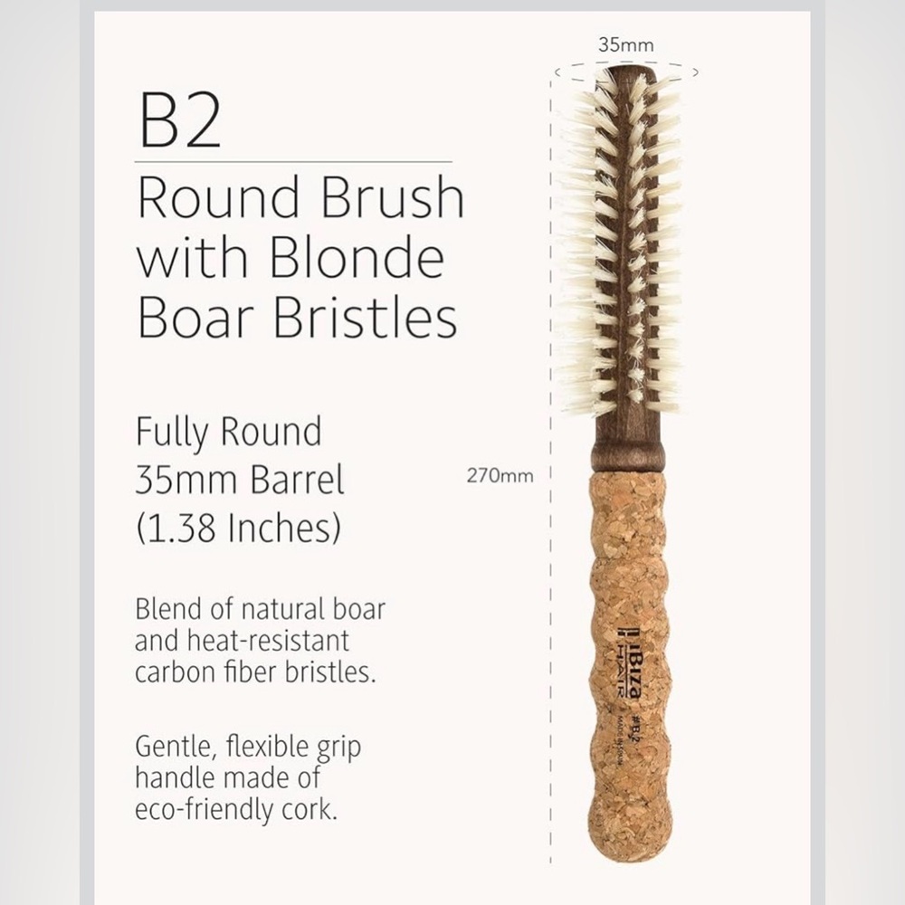 Ibiza Hair B2- 35mm - Blonde Boar Bristle Round Brush w Cork Handle